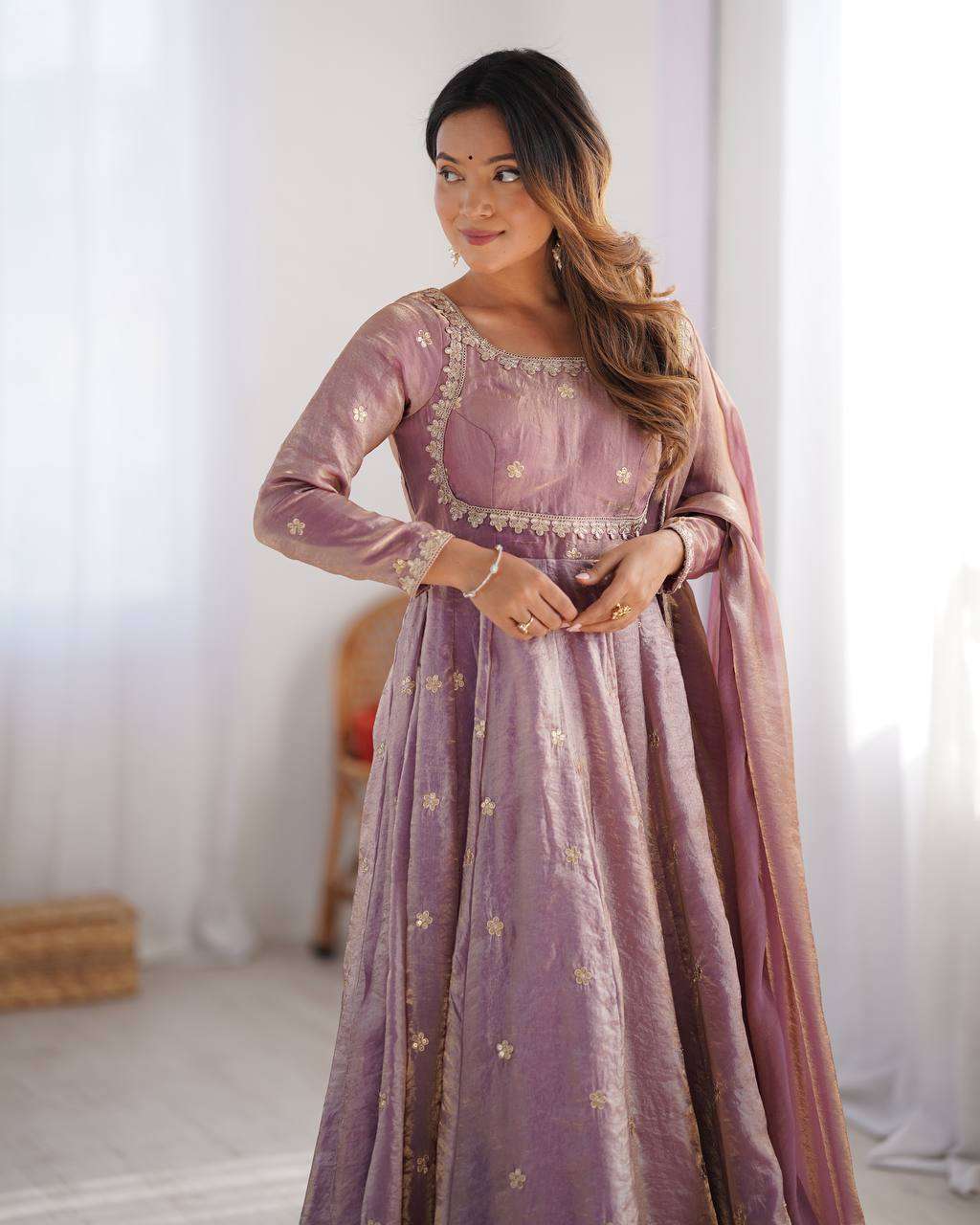 Women's Fandy Silk Coding with Sequnce work Long Anarkali Kurti Gown With Dupatta - Image 12